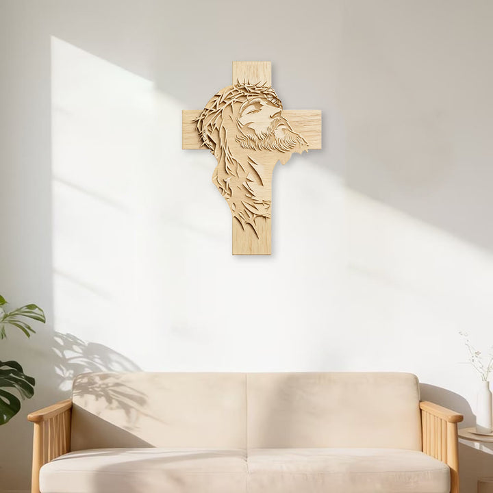 Christianartworkshop Warme, rustikale Wanddekoration aus Holz in Kreuzform mit aufgedrucktem Jesus mit Dornenkrone - image 3