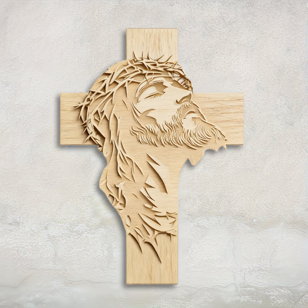Christianartworkshop Warme, rustikale Wanddekoration aus Holz in Kreuzform mit aufgedrucktem Jesus mit Dornenkrone - 14,17''*19,7''*0,2''/36*50*0,5cm - image 0