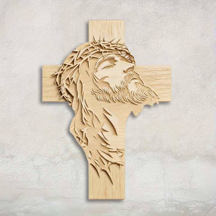 Christianartworkshop Warme, rustikale Wanddekoration aus Holz in Kreuzform mit aufgedrucktem Jesus mit Dornenkrone - 14,17''*19,7''*0,2''/36*50*0,5cm - image 0