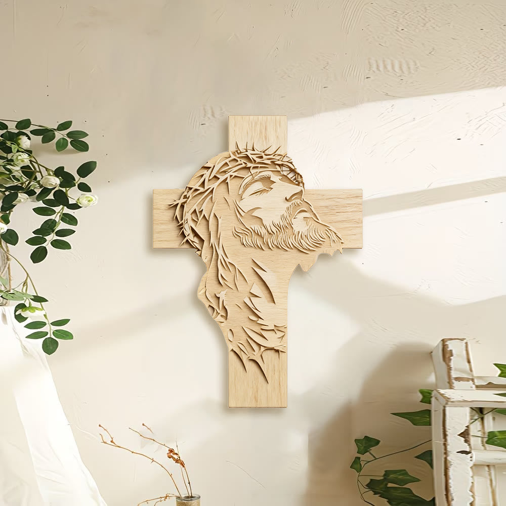 Christianartworkshop Warme, rustikale Wanddekoration aus Holz in Kreuzform mit aufgedrucktem Jesus mit Dornenkrone - image 1