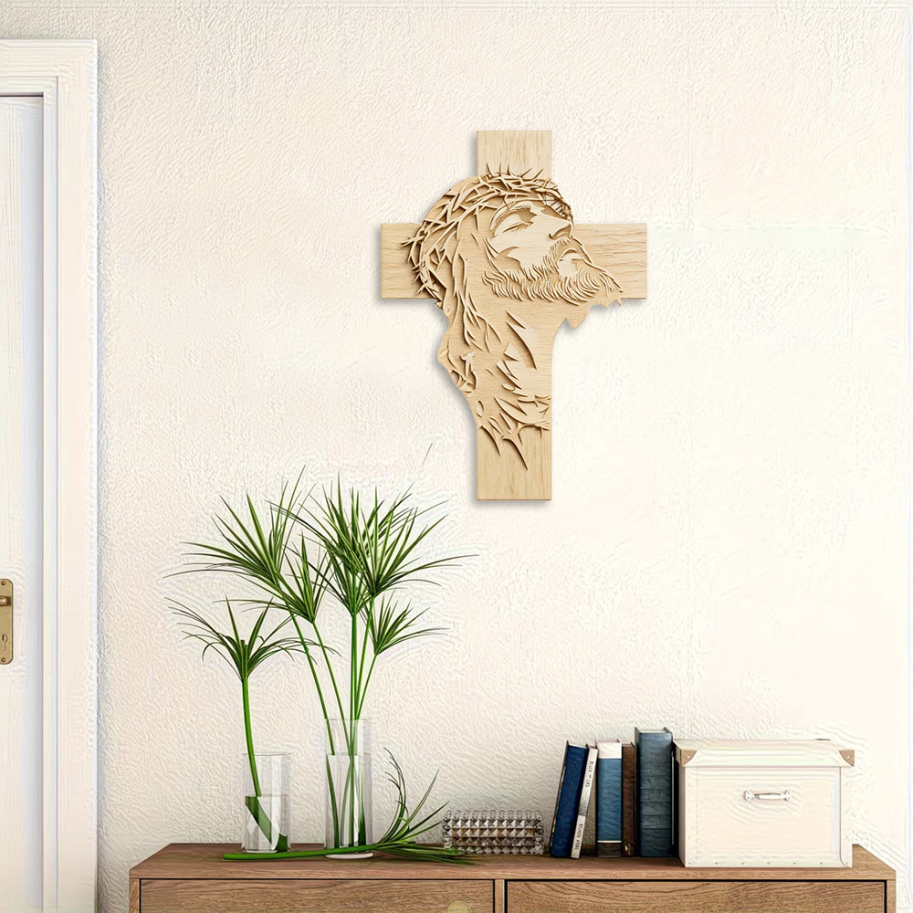Christianartworkshop Warme, rustikale Wanddekoration aus Holz in Kreuzform mit aufgedrucktem Jesus mit Dornenkrone - image 2