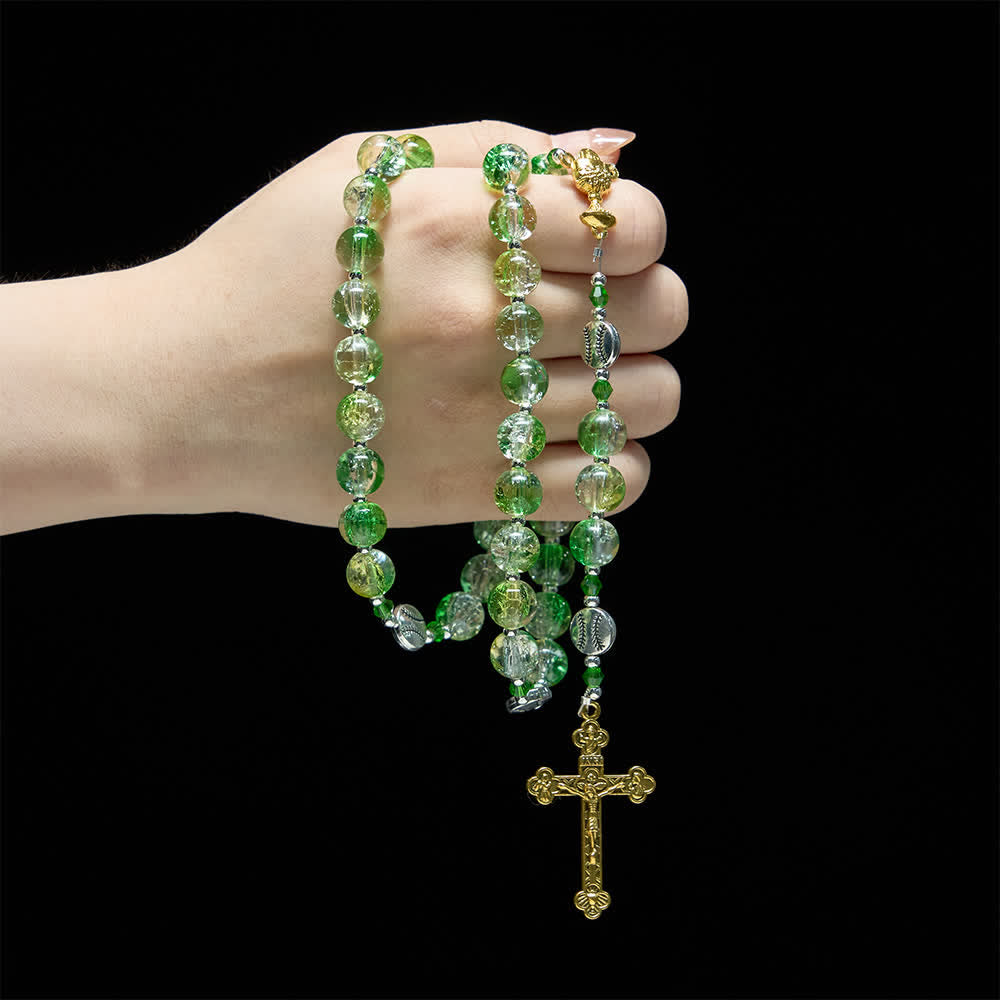 Christianartworkshop Rosenkranz aus gelbgrünem Crackle-Glas: Tennisballperlen mit Eucharistiemedaille für „Glaube in Bewegung“ - image 1