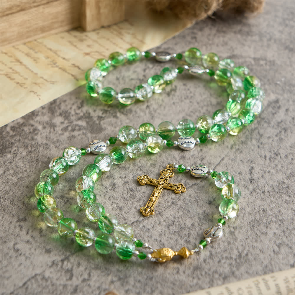 Christianartworkshop Rosenkranz aus gelbgrünem Crackle-Glas: Tennisballperlen mit Eucharistiemedaille für „Glaube in Bewegung“ - image 4