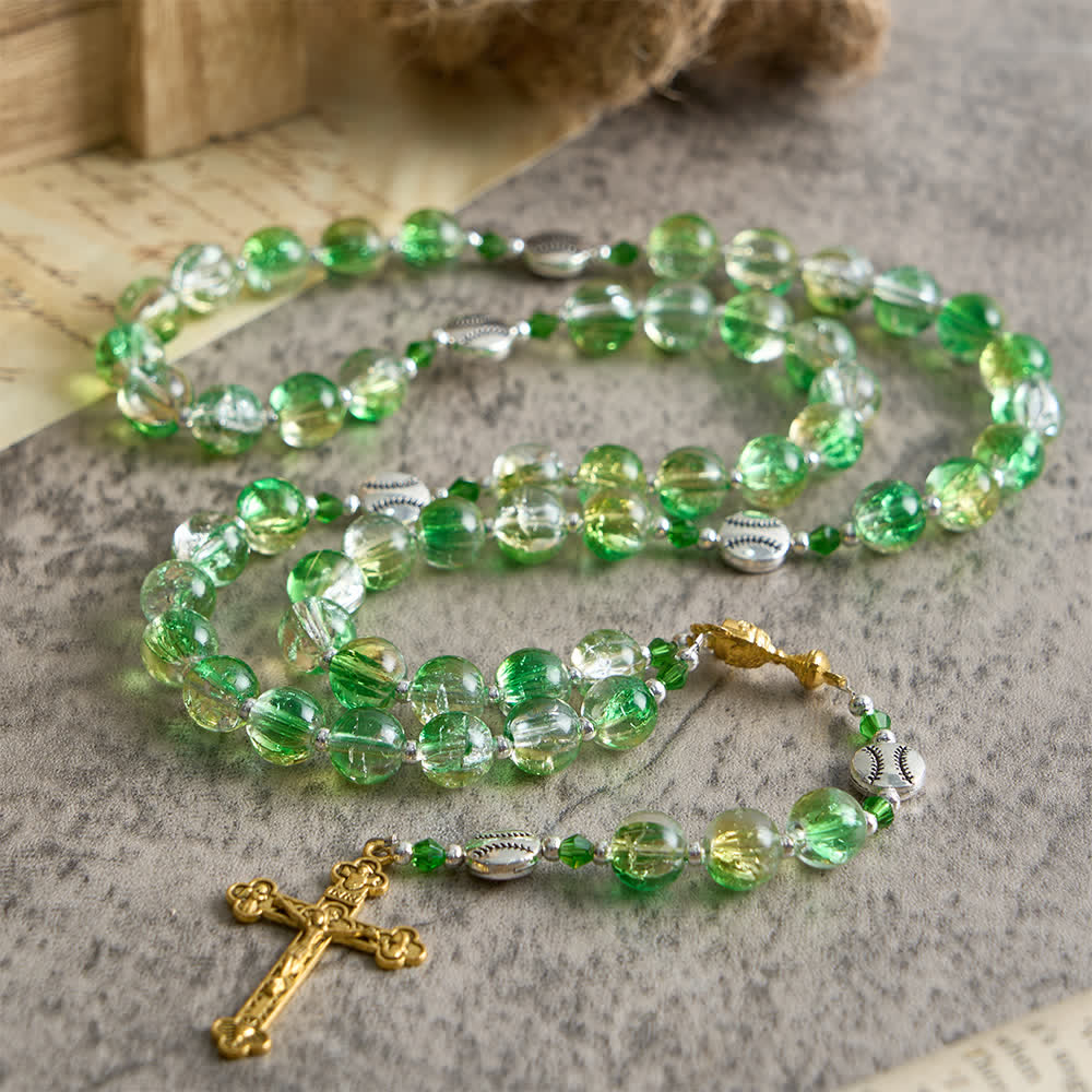 Christianartworkshop Rosenkranz aus gelbgrünem Crackle-Glas: Tennisballperlen mit Eucharistiemedaille für „Glaube in Bewegung“ - image 3