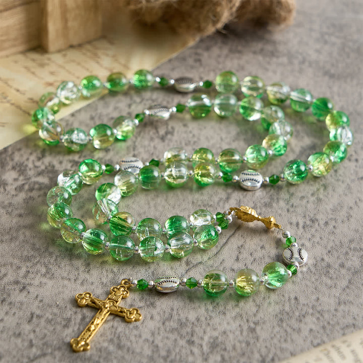 Christianartworkshop Rosenkranz aus gelbgrünem Crackle-Glas: Tennisballperlen mit Eucharistiemedaille für „Glaube in Bewegung“ - image 3