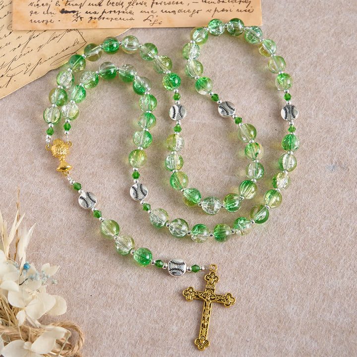 Christianartworkshop Rosenkranz aus gelbgrünem Crackle-Glas: Tennisballperlen mit Eucharistiemedaille für „Glaube in Bewegung“ - Heiliger Gral & Kruzifix - image 0