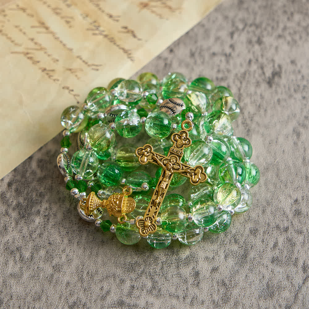 Christianartworkshop Rosenkranz aus gelbgrünem Crackle-Glas: Tennisballperlen mit Eucharistiemedaille für „Glaube in Bewegung“ - image 5