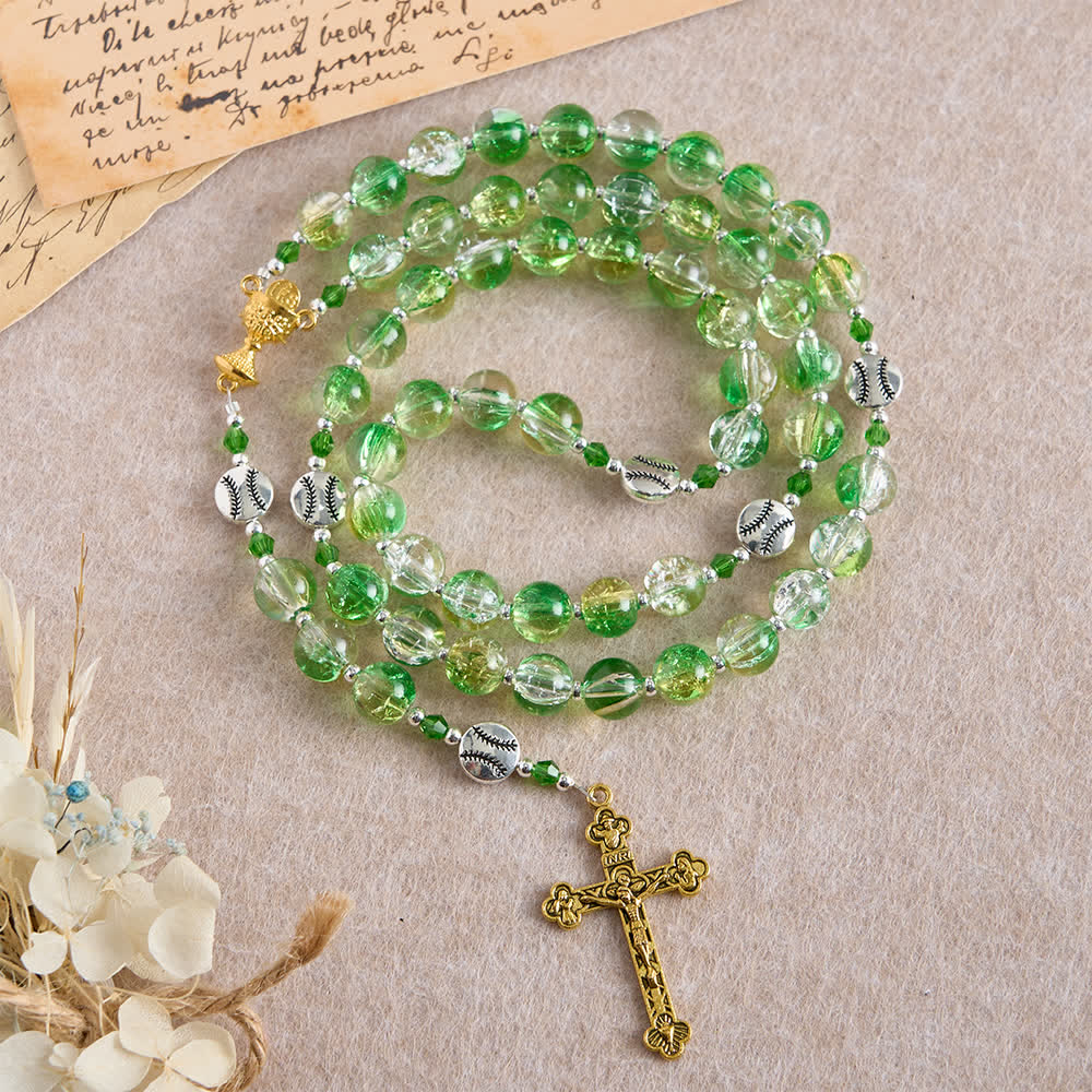 Christianartworkshop Rosenkranz aus gelbgrünem Crackle-Glas: Tennisballperlen mit Eucharistiemedaille für „Glaube in Bewegung“ - image 2