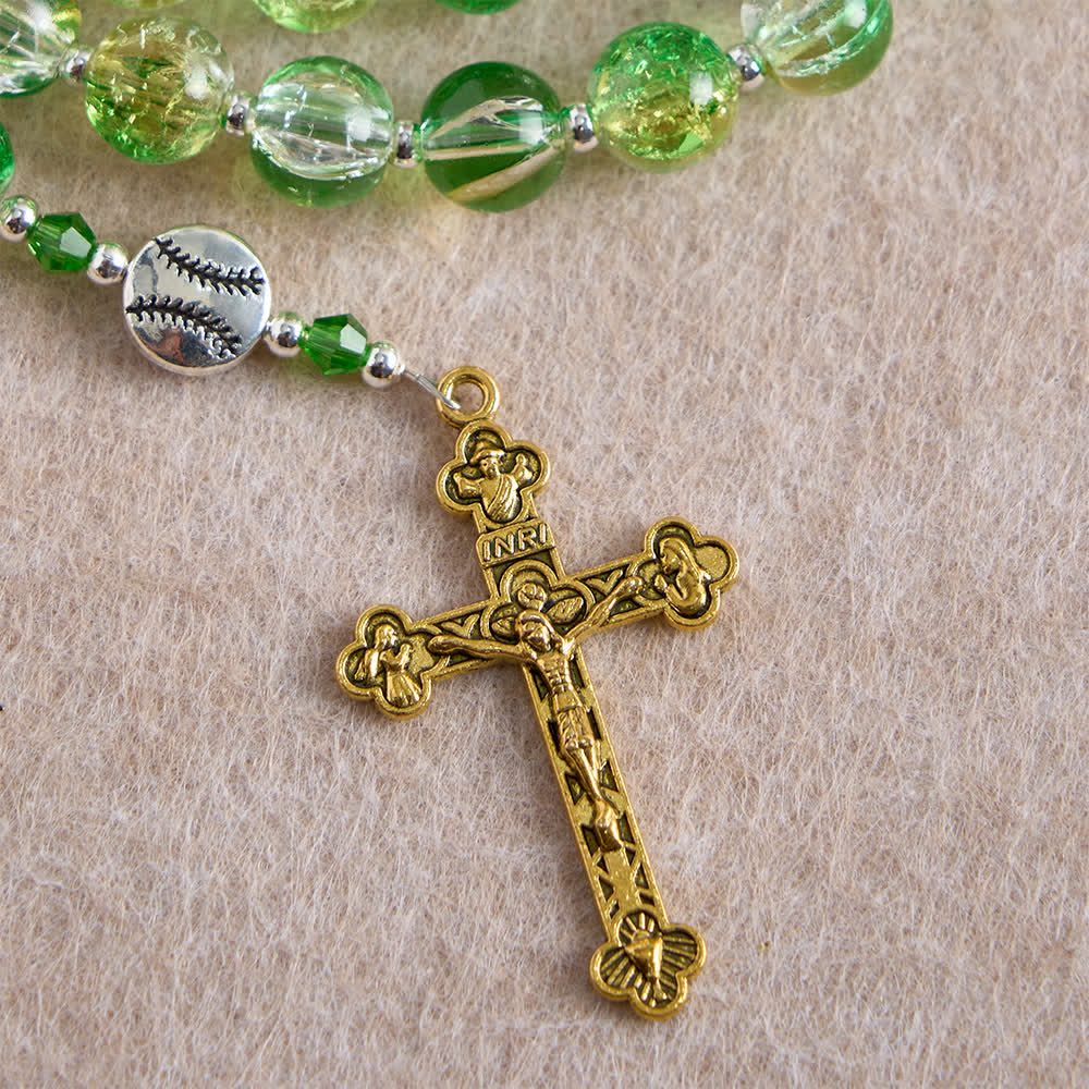 Christianartworkshop Rosenkranz aus gelbgrünem Crackle-Glas: Tennisballperlen mit Eucharistiemedaille für „Glaube in Bewegung“ - image 8
