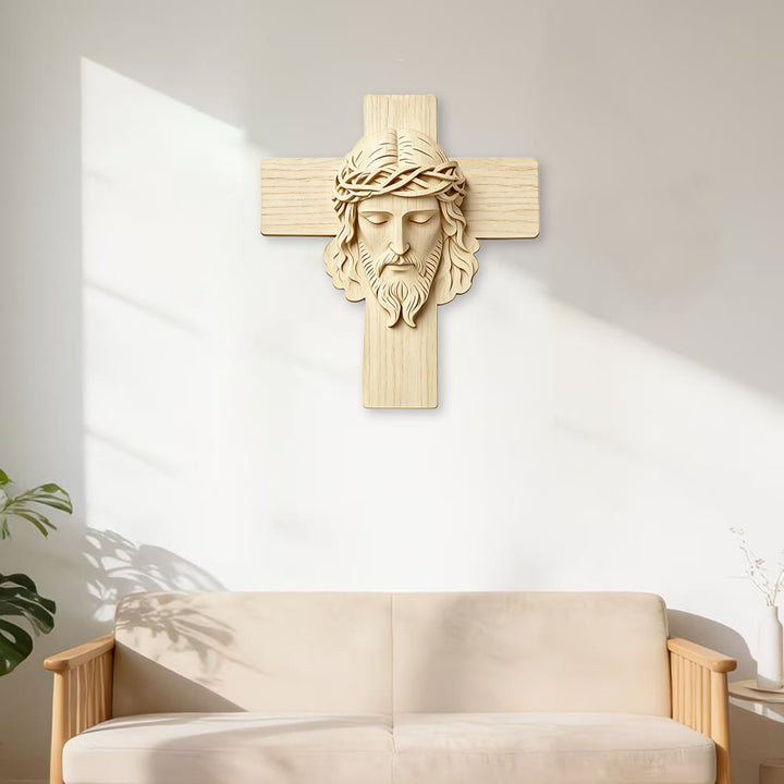 Christianartworkshop Zeitloser Wandbehang aus Holz mit Kreuz und 2D-Druck eines Jesus mit geschlossenen Augen - image 3