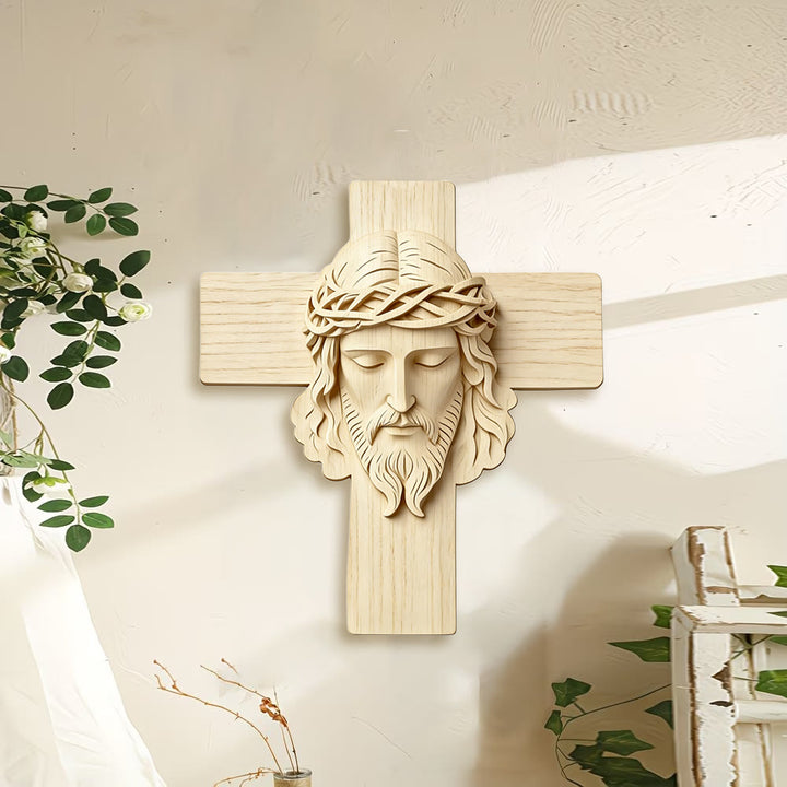 Christianartworkshop Zeitloser Wandbehang aus Holz mit Kreuz und 2D-Druck eines Jesus mit geschlossenen Augen - image 1