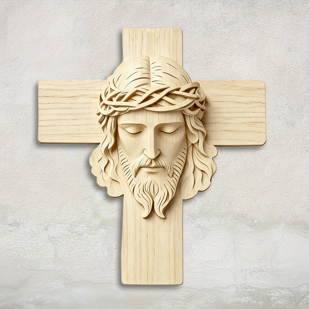 Christianartworkshop Zeitloser Wandbehang aus Holz mit Kreuz und 2D-Druck eines Jesus mit geschlossenen Augen - 13,98''*15,75''*0,2''/35,5*40*0,5cm - image 0