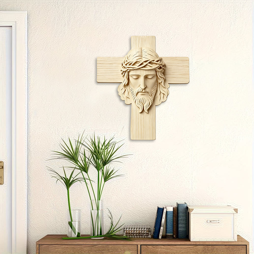 Christianartworkshop Zeitloser Wandbehang aus Holz mit Kreuz und 2D-Druck eines Jesus mit geschlossenen Augen - image 2