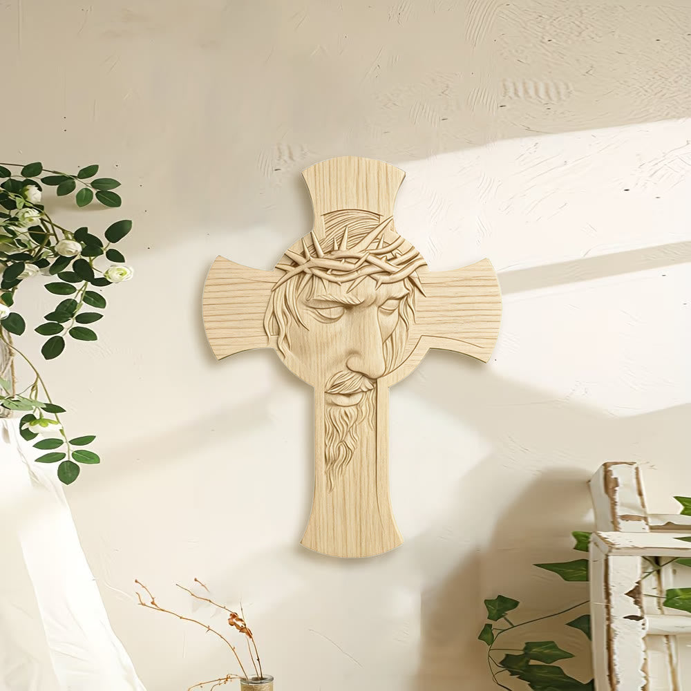 Minimalistisches Wandbild aus Holz mit Kreuz und 2D-Druck der Dornenkrone Jesu von Christianartworkshop : Ein Symbol der Hingabe und Gnade - image 1