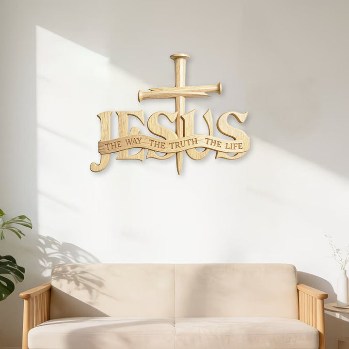 Rustikale Wanddekoration aus Holz von Christianartworkshop mit dem Aufdruck „Jesus der Weg, die Wahrheit, das Leben“ und Kreuz - image 2