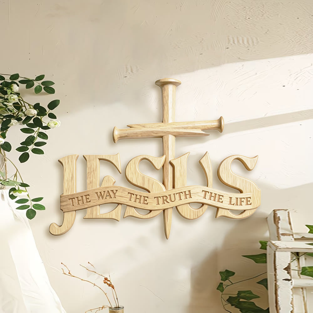 Rustikale Wanddekoration aus Holz von Christianartworkshop mit dem Aufdruck „Jesus der Weg, die Wahrheit, das Leben“ und Kreuz - image 1