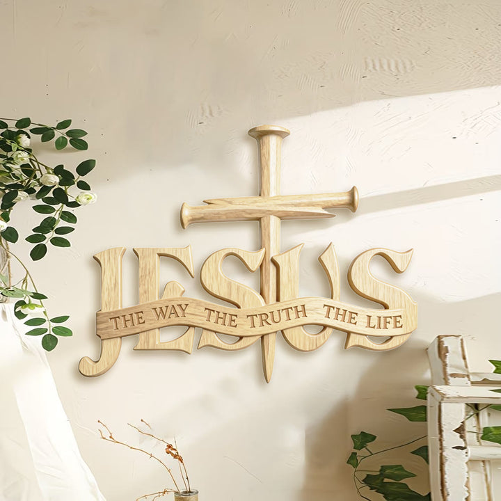 Rustikale Wanddekoration aus Holz von Christianartworkshop mit dem Aufdruck „Jesus der Weg, die Wahrheit, das Leben“ und Kreuz - image 1