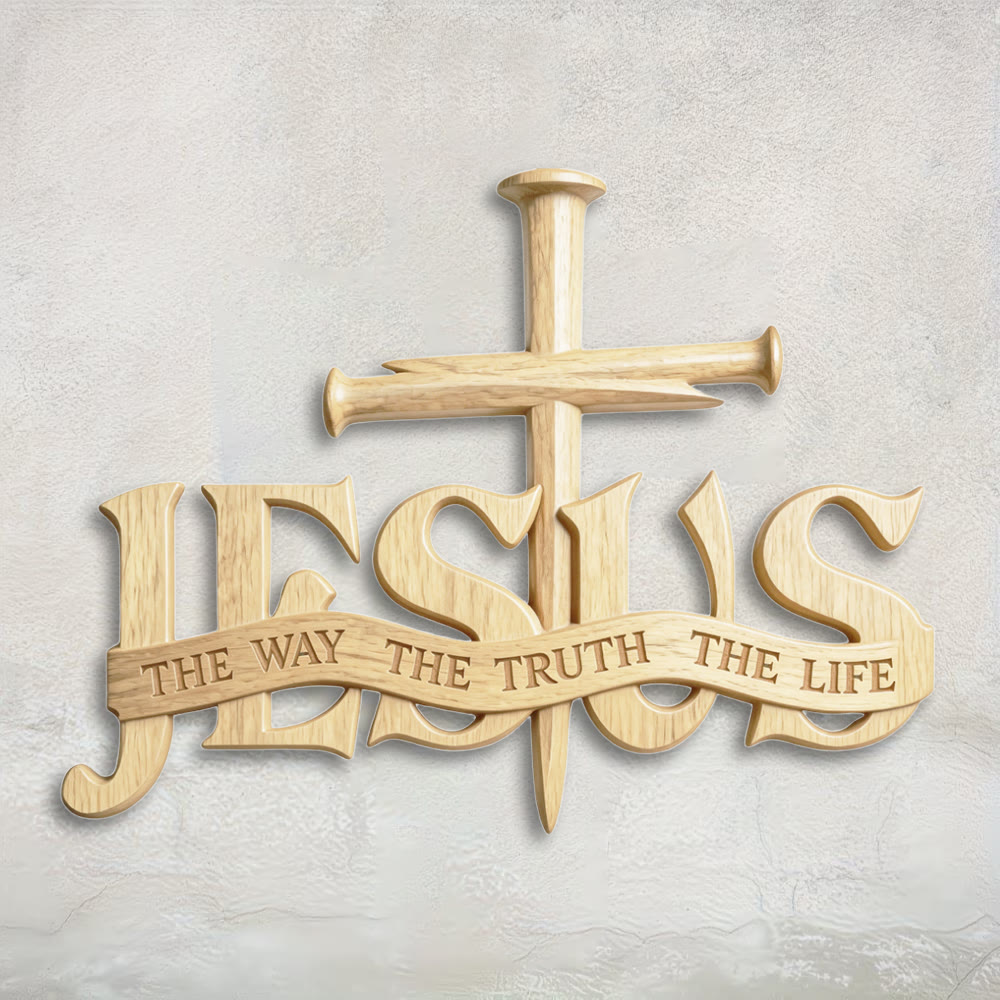 Rustikale Wanddekoration aus Holz von Christianartworkshop mit dem Aufdruck „Jesus der Weg, die Wahrheit, das Leben“ und Kreuz - 19,7''*14,96''*0,2''/50*38*0,5cm - image 0