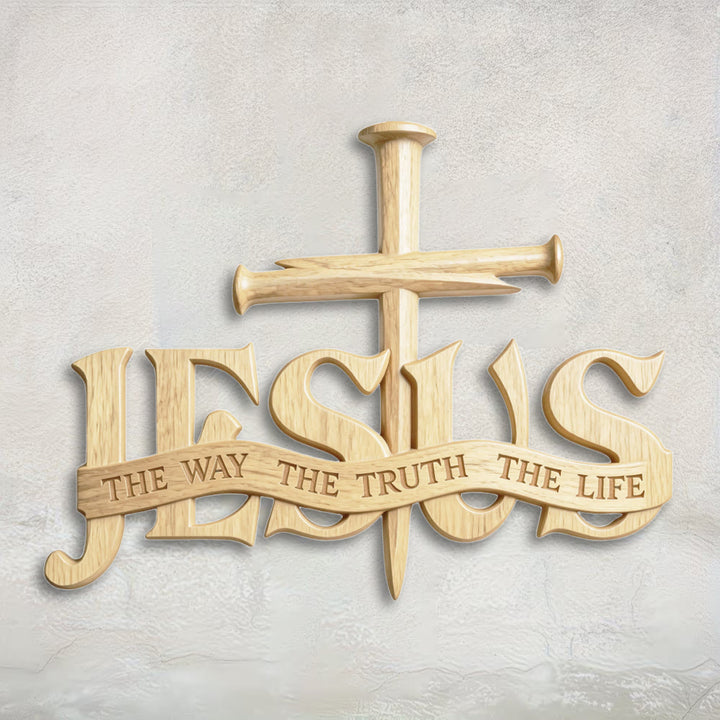 Rustikale Wanddekoration aus Holz von Christianartworkshop mit dem Aufdruck „Jesus der Weg, die Wahrheit, das Leben“ und Kreuz - 19,7''*14,96''*0,2''/50*38*0,5cm - image 0
