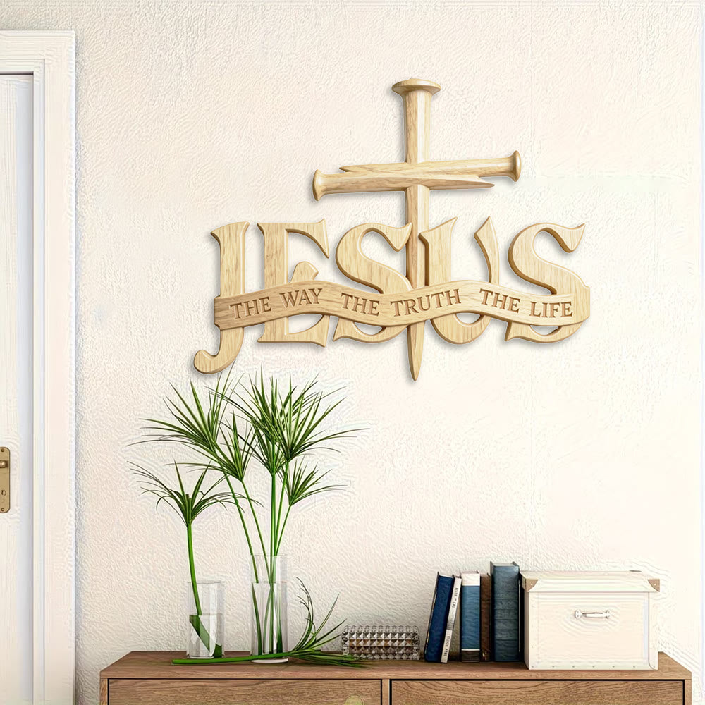 Rustikale Wanddekoration aus Holz von Christianartworkshop mit dem Aufdruck „Jesus der Weg, die Wahrheit, das Leben“ und Kreuz - image 3