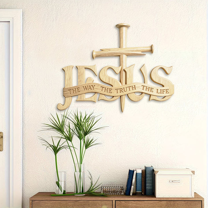 Rustikale Wanddekoration aus Holz von Christianartworkshop mit dem Aufdruck „Jesus der Weg, die Wahrheit, das Leben“ und Kreuz - image 3