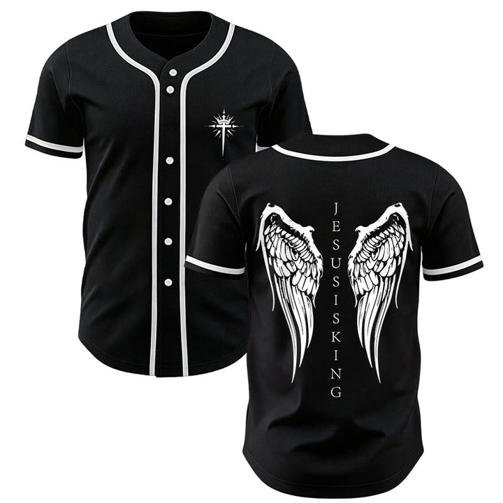 Christianartworkshop Jesus ist König Engelsflügel Kreuz Glaubensbekenntnis Individuelles Baseballtrikot - Schwarz - 5XL - image 0