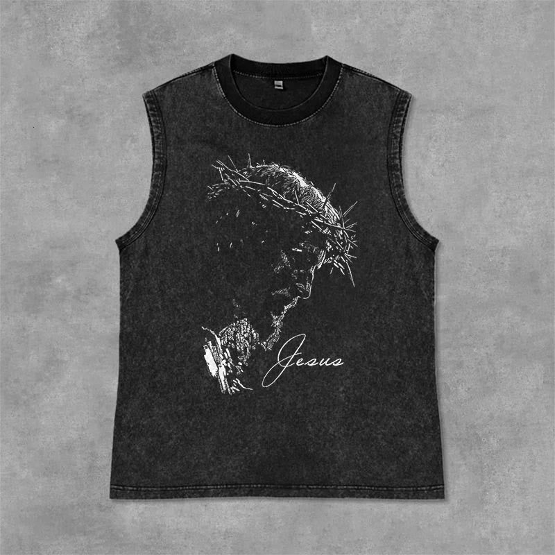 Christianartworkshop Jesus Dornenkrone Skizze Vintage Washed Tank Top - Schwarz - 2XL - image 0