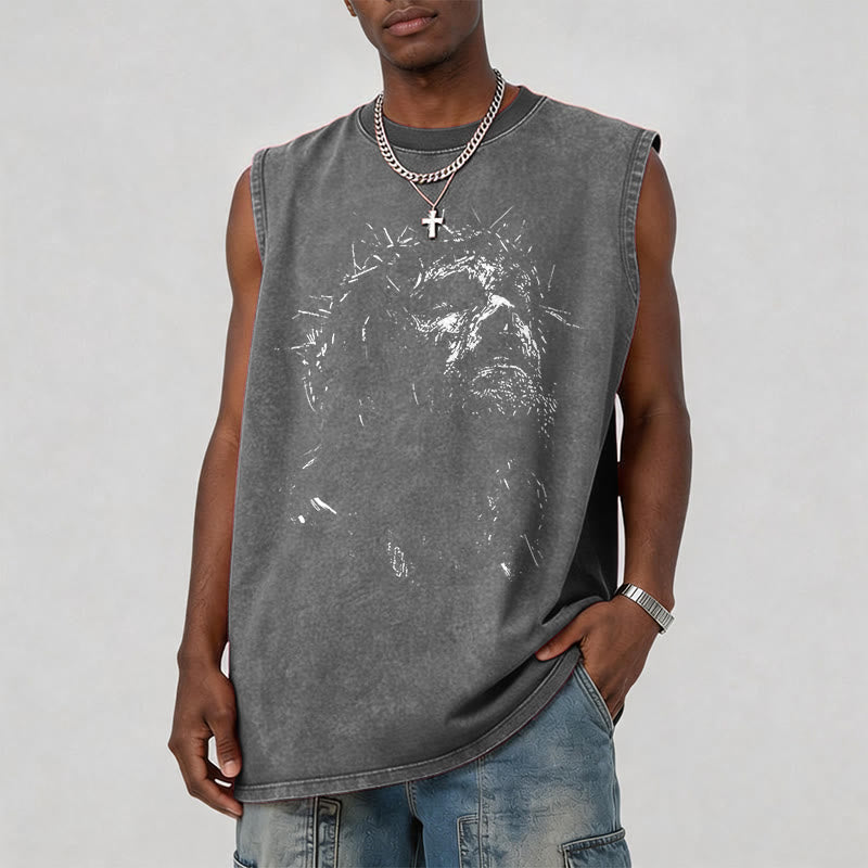 Christianartworkshop Heiliger Jesus Dornenkrone Skizze Vintage Washed Tank Top - image 1
