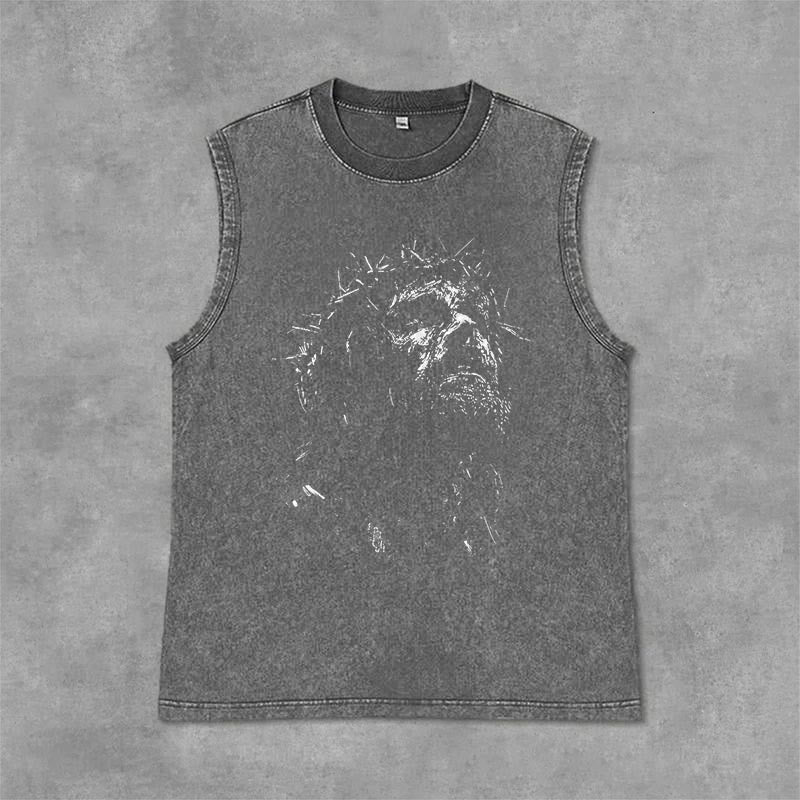 Christianartworkshop Heiliger Jesus Dornenkrone Skizze Vintage Washed Tank Top - Grau - 2XL - image 0