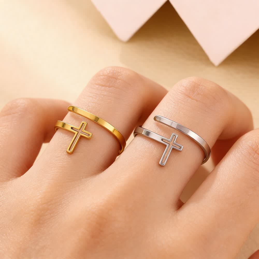 Christianartworkshop Minimalistisches Kreuzring-Set: Stapelbarer Glaubensschmuck für den täglichen Gebrauch - 1 Set (Gold & Silber) Passend für US-Größen 7-9 - image 0