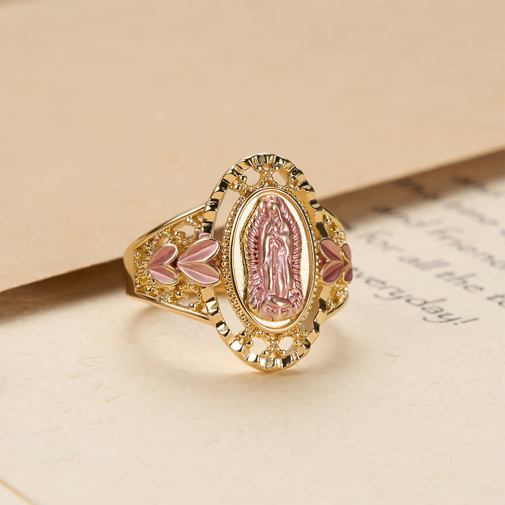 Christianartworkshop Emaillierter Andachtsring Unserer Lieben Frau von Guadalupe mit floralen Akzenten: Ein Symbol marianischer Gnade und göttlichen Schutzes - US 10 - Golden - image 0