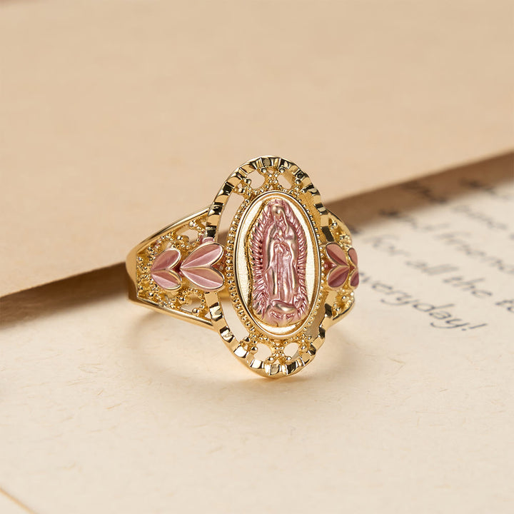Christianartworkshop Emaillierter Andachtsring Unserer Lieben Frau von Guadalupe mit floralen Akzenten: Ein Symbol marianischer Gnade und göttlichen Schutzes - US 10 - Golden - image 0