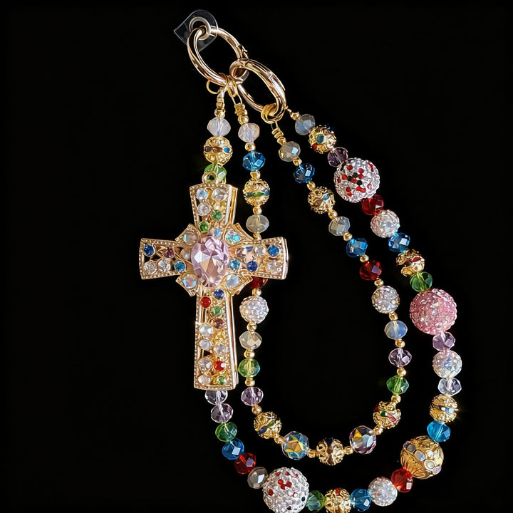 Christianartworkshop Bunter Kristallkreuz-Handyanhänger mit Perlenquaste: Ein Symbol für lebendigen Glauben und göttliches Licht - image 4