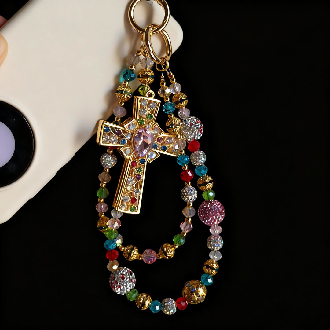 Christianartworkshop Bunter Kristallkreuz-Handyanhänger mit Perlenquaste: Ein Symbol für lebendigen Glauben und göttliches Licht - Doppelkette - image 0