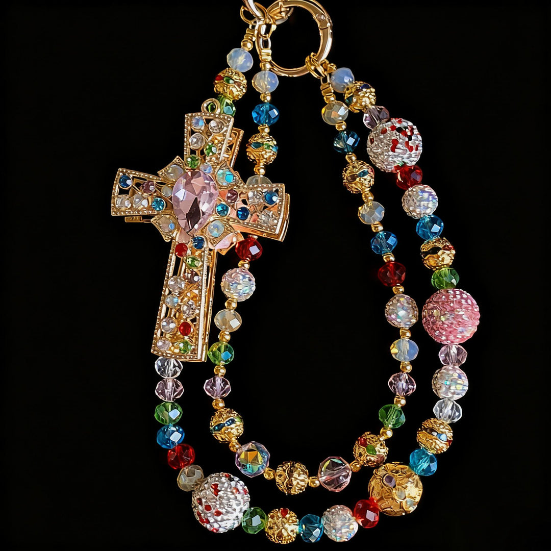 Christianartworkshop Bunter Kristallkreuz-Handyanhänger mit Perlenquaste: Ein Symbol für lebendigen Glauben und göttliches Licht - image 5