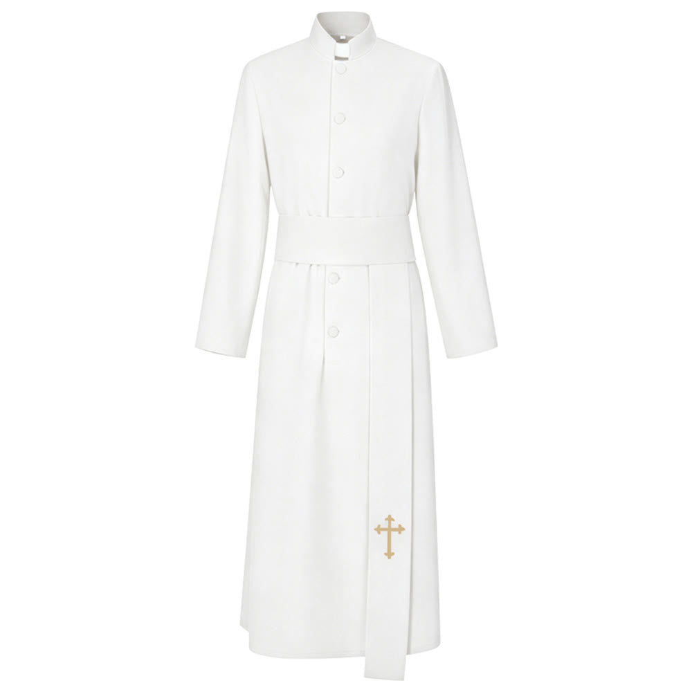 Elegante dreifarbige liturgische Priestergewänder von Christianartworkshop mit Taillenband und Kreuz - Weiß - 2XL - image 1