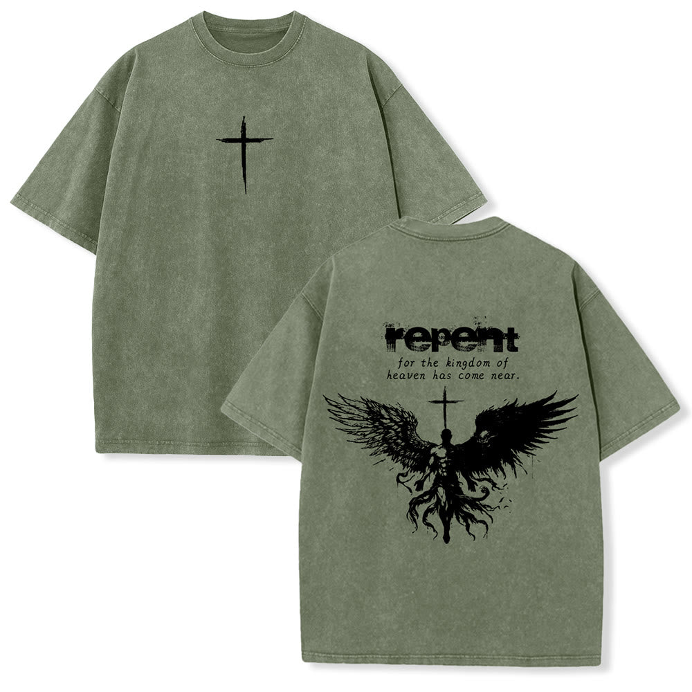 Christianartworkshop Repent For The Kingdom Of Heaven Unisex Washed T-Shirt - Armeegrün - 5XL - image 9