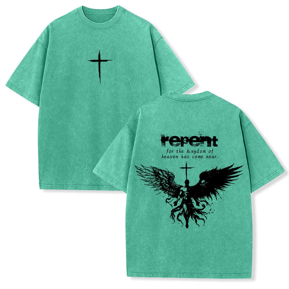 Christianartworkshop Repent For The Kingdom Of Heaven Unisex Washed T-Shirt - Grün - 5XL - image 6