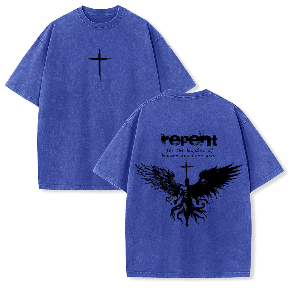 Christianartworkshop Repent For The Kingdom Of Heaven Unisex Washed T-Shirt - Blau - 5XL - image 18