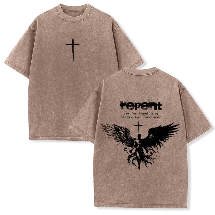 Christianartworkshop Repent For The Kingdom Of Heaven Unisex Washed T-Shirt - Braun - 5XL - image 12
