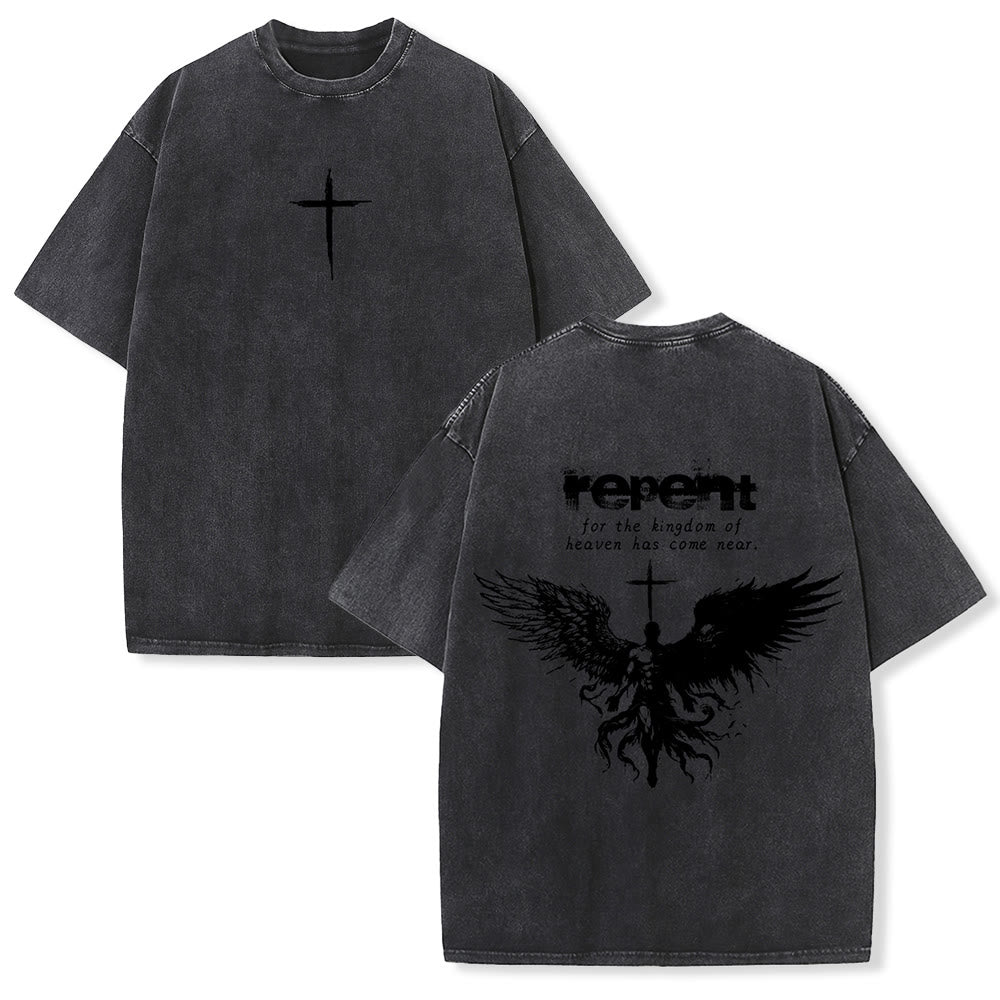 Christianartworkshop Repent For The Kingdom Of Heaven Unisex Washed T-Shirt - Schwarz - 5XL - image 3