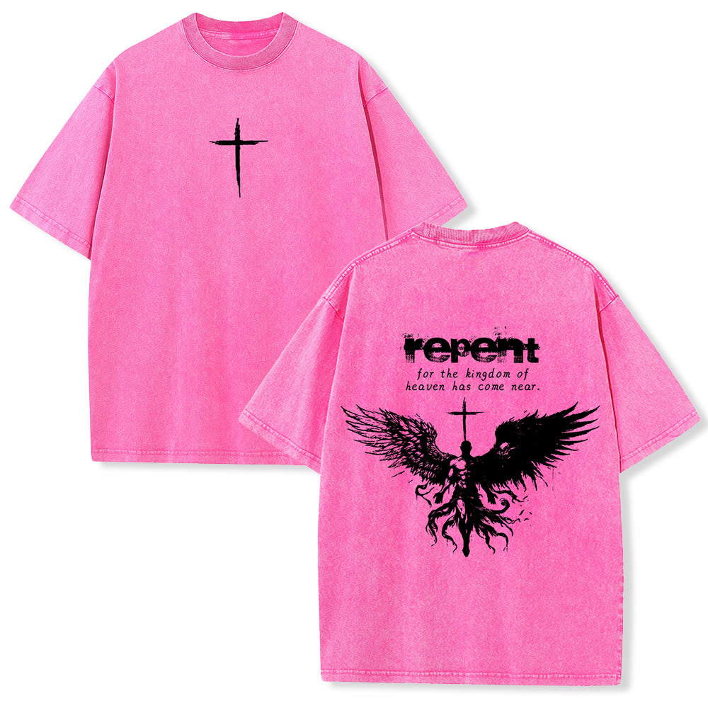 Christianartworkshop Repent For The Kingdom Of Heaven Unisex Washed T-Shirt - Rosa - 5XL - image 24