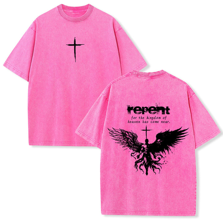 Christianartworkshop Repent For The Kingdom Of Heaven Unisex Washed T-Shirt - Rosa - 5XL - image 24