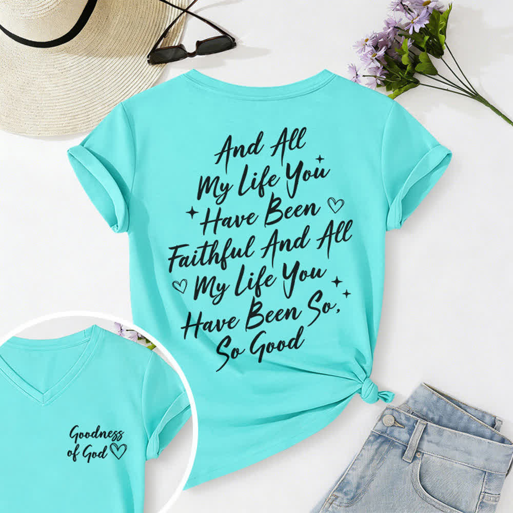 Christianartworkshop Damen-T-Shirt „Ich werde von der Güte Gottes singen“ mit V-Ausschnitt - Himmelblau - 2XL - image 35
