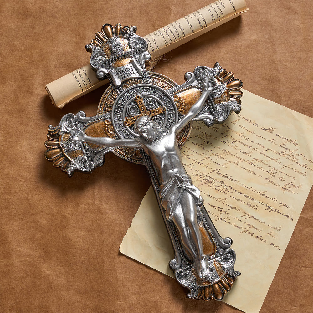 Christianartworkshop Vintage-Wandkreuz in Silber- und Goldoptik mit INRI-Inschrift: Eine Erinnerung an das göttliche Opfer - Kruzifix - image 0