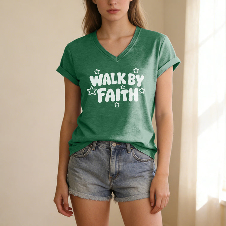 Christianartworkshop Walk By Faith Sternenprint Lässiges V-Ausschnitt-T-Shirt - image 15