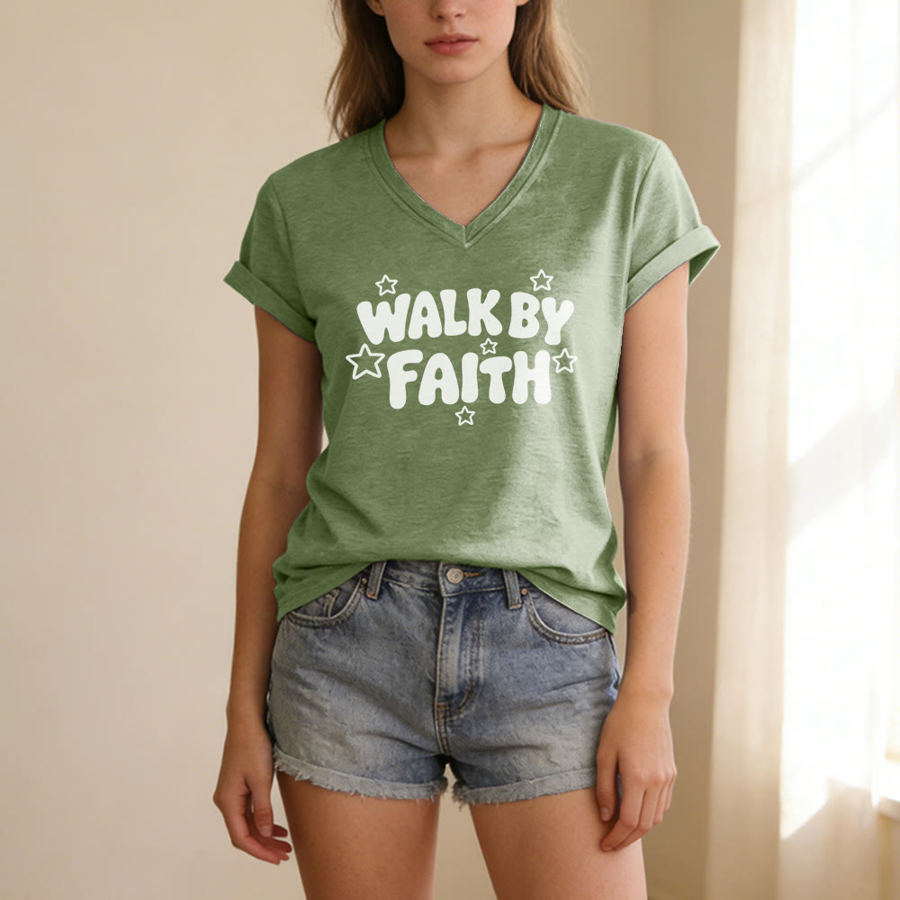 Christianartworkshop Walk By Faith Sternenprint Lässiges V-Ausschnitt-T-Shirt - image 5