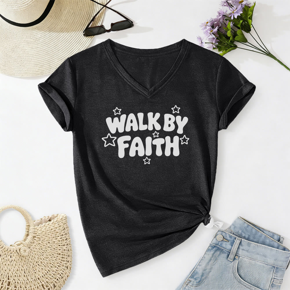 Christianartworkshop Walk By Faith Sternenprint Lässiges V-Ausschnitt-T-Shirt - Schwarz - 2XL - image 12