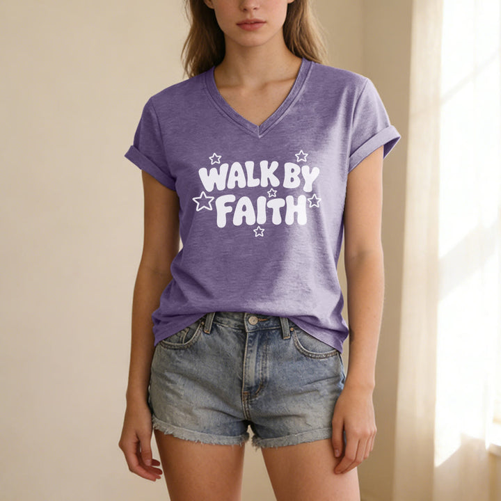 Christianartworkshop Walk By Faith Sternenprint Lässiges V-Ausschnitt-T-Shirt - image 17