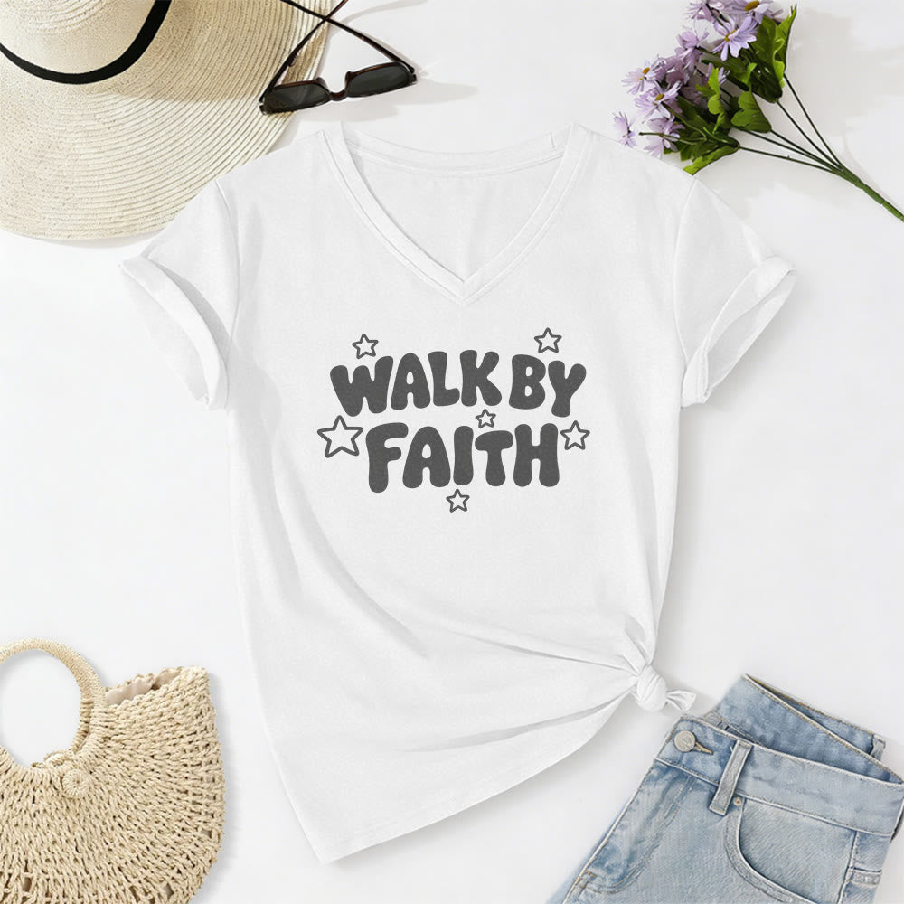 Christianartworkshop Walk By Faith Sternenprint Lässiges V-Ausschnitt-T-Shirt - Weiß - 2XL - image 6